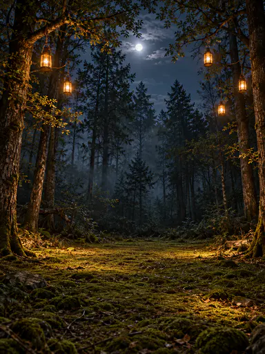 An empty Halloween forest portrait background: a small moonlit woodland clearing with level mossy ground running from the foreground to a ring of trees, several glowing lanterns hung high in the branches toward the sides, leaving the centre of the frame open for a standing subject.