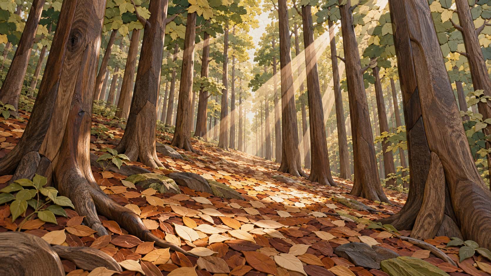 A tall forest of straight trunks with diagonal sunbeams through the canopy in solid wood inlay of walnut, oak, maple and birch pieces.