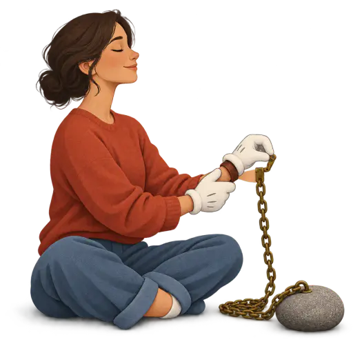 Forgiveness unfastens a weight. A stylized seated figure in white cartoon gloves flips open the brass clasp of a wrist bracelet; the chain to a heavy grey river stone pools in slack coils while the stone sits unmoved, meaning releasing resentment lightens one's own burden.