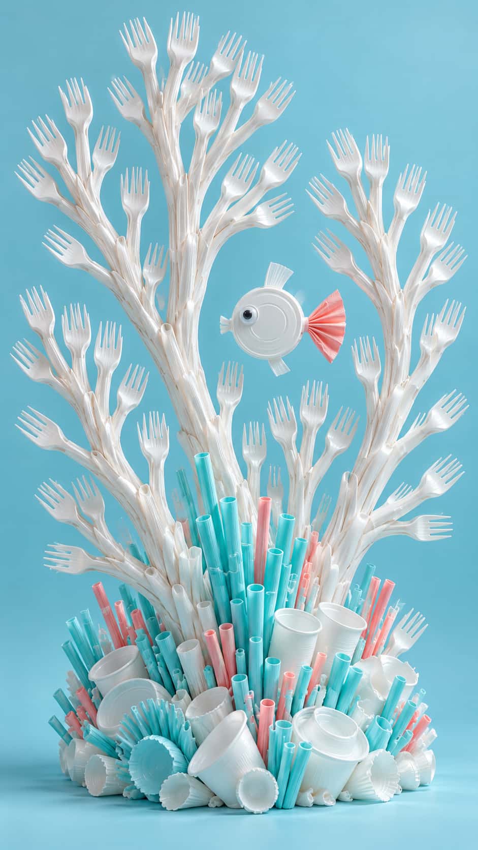 Tall coral fans of white plastic forks and clusters of pale turquoise and coral straws rise from a pale blue ground with one small fish of a lid and a folded napkin.