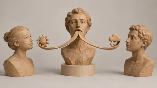 Speaking with a forked tongue: a carved wooden speaker bust with one long ribbon tongue splitting into two tips, reaching a listener on the left with a small wooden sun and a listener on the right with a small wooden rain cloud, soft studio light.