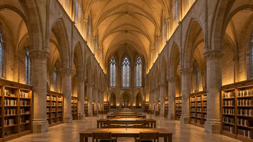 The long nave of a former stone church with pointed arches is a quiet library with low timber shelves, central reading tables and a concealed cove light washing the vaulted ceiling.