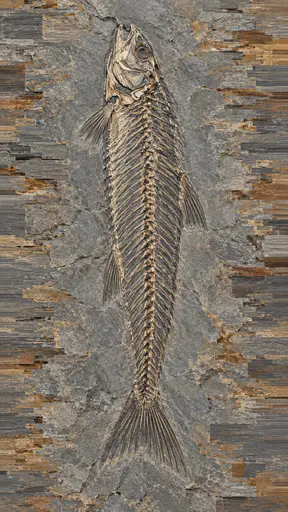 A fossil fish with a long body and fan tail stays sharp in the centre of grey slate while the outer slate edges smear into coarse horizontal blocks of rust and ochre drag.