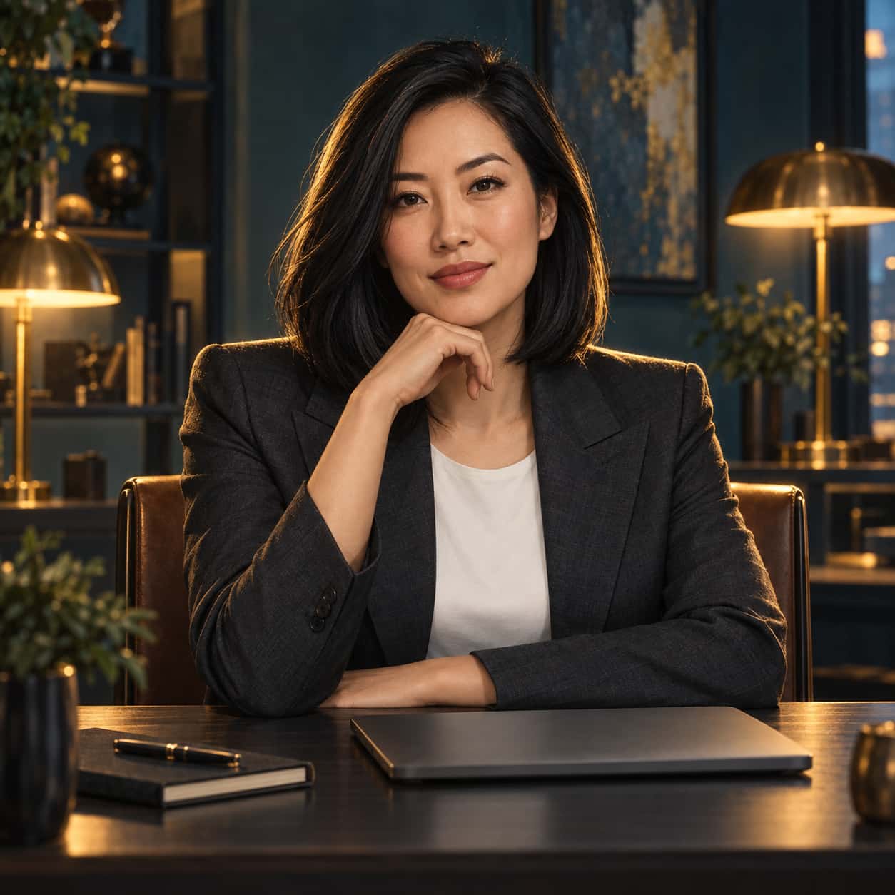 A fictional adult Chinese American founder, a woman with a sleek black bob in a charcoal blazer, sits at a tidy desk with a closed laptop and a notebook under warm golden lamps.