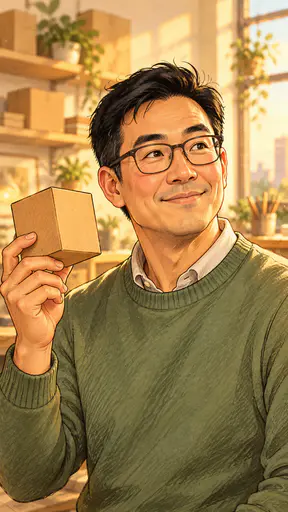 A fictional adult Chinese American founder, a man with short black hair and rectangular glasses in a sage sweater, holds a plain prototype box and smiles in a sunlit studio.