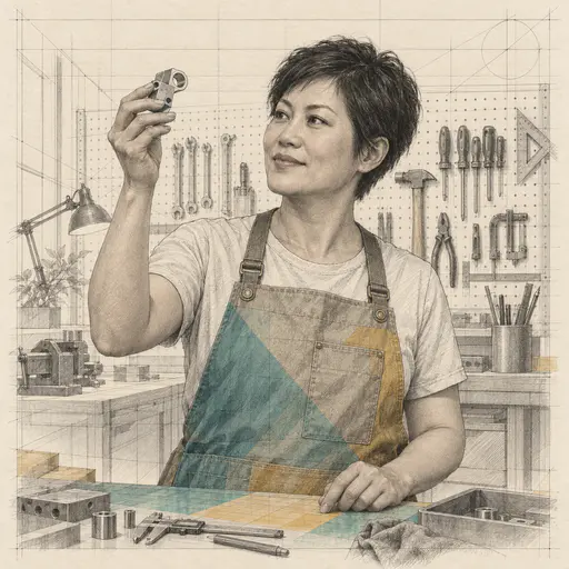 A fictional adult Chinese American founder, a woman with a short black pixie cut in a canvas apron, holds a small prototype up to the light at a workbench before a pegboard of tools in graphite.