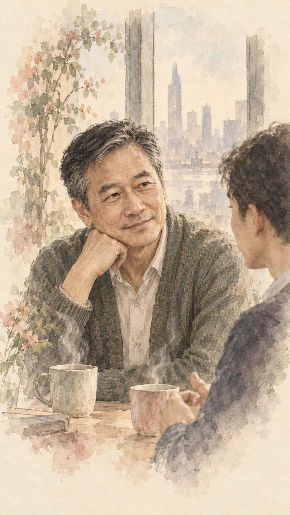 A fictional adult Chinese American founder, a man with grey streaked black hair in a cardigan, listens kindly to a younger adult mentee at a window table with two cups of tea.
