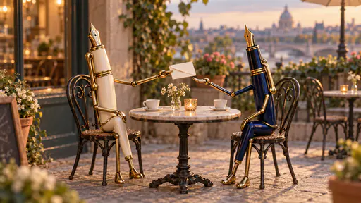 Pen pals: two fountain pens face one another at a tiny cafe table, one passing a folded blank letter to the other with their clips.