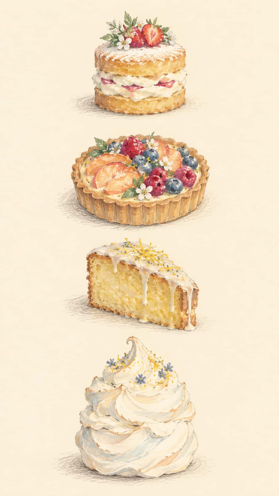 Four separate cakes, a layered sponge, a round fruit tart, a slice of lemon drizzle and a tall meringue, are painted in pale dry gouache with loose pencil contours stacked down a cream page.