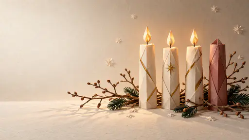 Four slim folded paper Advent candles, three lit gold and one rose, stand among bare paper branches and evergreen sprigs with soft paper snow and open space on the left.