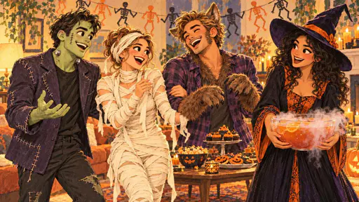 Four adult friends dressed as a monster, a mummy, a werewolf and a witch laugh at a living room Halloween party with a misty punch bowl and skeleton garlands.