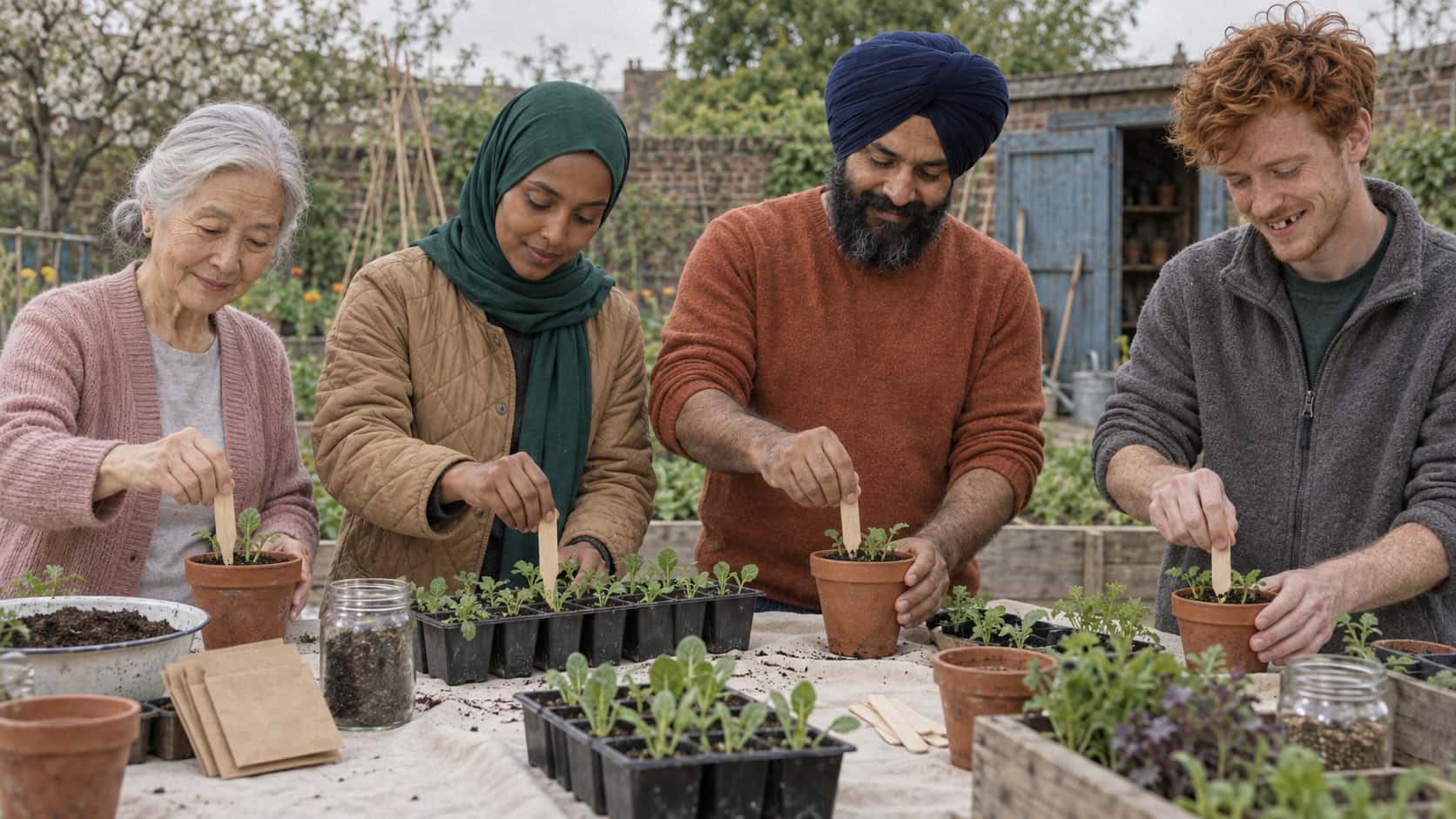 A very small elderly woman with a low silver bun, a young woman in a green hijab, a broad man in a navy turban and a young man with copper-red hair stand around a trestle table each pushing a blank wooden stick into a pot of seedlings in warm light.