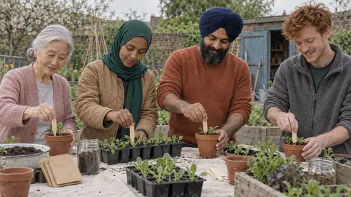 A very small elderly woman with a low silver bun, a young woman in a green hijab, a broad man in a navy turban and a young man with copper-red hair stand around a trestle table each pushing a blank wooden stick into a pot of seedlings in warm light.