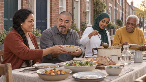 Four neighbours sit along a long cloth-covered street table on a terraced street passing plain dishes hand to hand, one ladling from a pot, with mismatched chairs and jugs of water in warm golden-hour light.