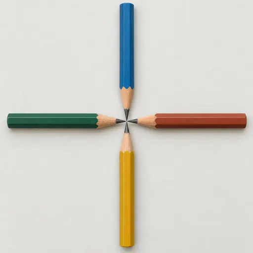 Meeting point: top-down macro product photograph of four coloured pencils approaching from the top, right, bottom and left across a pale tabletop, with all four sharpened graphite tips touching at a single central point.