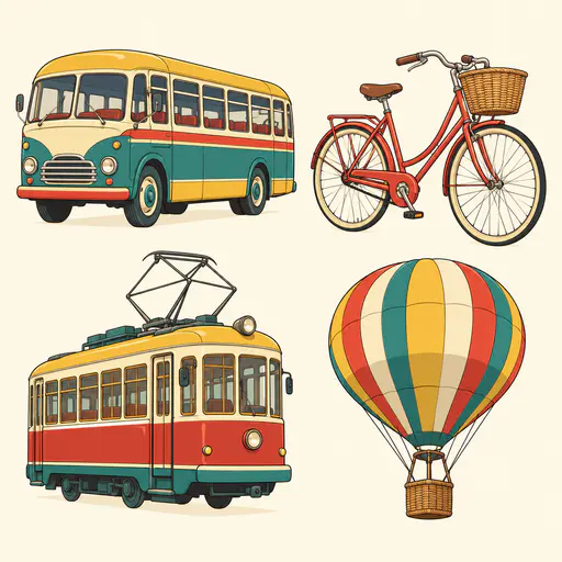 Four separate small vehicles, a vintage bus, a bicycle with a basket, a tram and a hot air balloon, are drawn in a two by two arrangement with slender dark contours and flat warm colours.