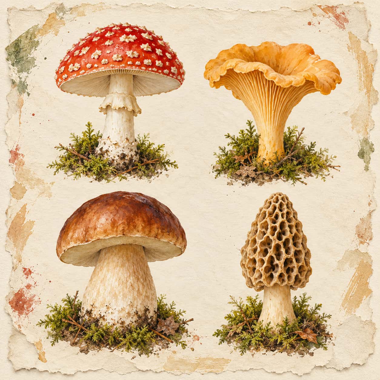 Four separate woodland mushrooms, a fly agaric, a chanterelle, a porcini and a morel, each stand on a small moss patch in a mixed media vignette on cream paper with torn borders.