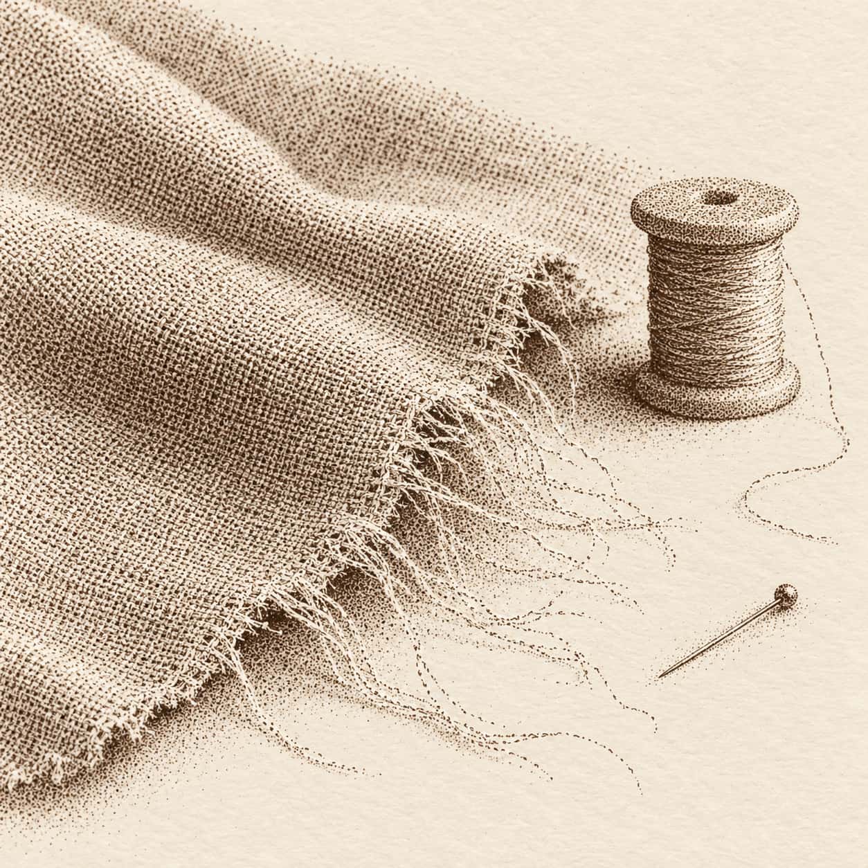 The frayed edge of a plain linen cloth shows loose threads fanning from the cut edge beside a pin and a spool of thread in engraved dots and flicks.