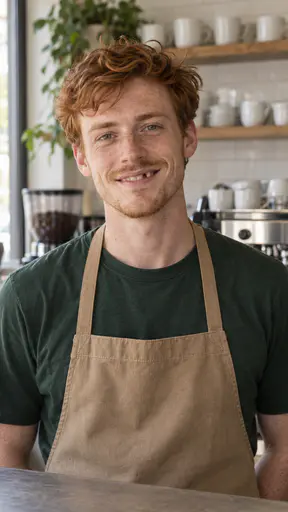 A slim young man in his mid twenties with freckles, green eyes and tousled copper-red hair, in a plain tan canvas apron over a forest-green t-shirt, behind a cafe counter with an espresso machine and shelves of white cups.