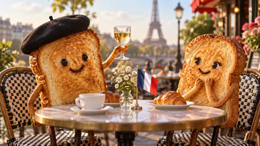 Two French toast slices toasting with champagne at a Parisian cafe table, one wearing a beret, with the Eiffel Tower and a French flag behind them.