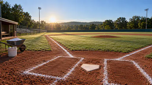 An empty community baseball field at dawn with crisp fresh chalk baselines on raked red clay and empty wooden bleachers in a slide film photograph taken from a low viewpoint.