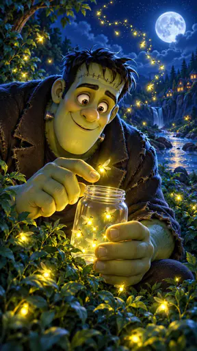 A cute Frankenstein style monster with a green face and bolts forages for glowing lightning bugs among moonlit bushes at night with a jar in his big hands.