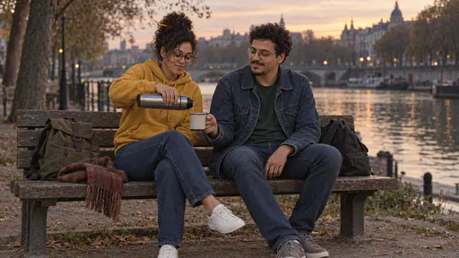 A woman with round tortoiseshell glasses and a curly black bun in a mustard hoodie pours tea from a steel thermos into a cup held out by a tall man with round glasses and a chin beard in a denim jacket as they sit on a bench by a quiet canal at dusk in warm low light.