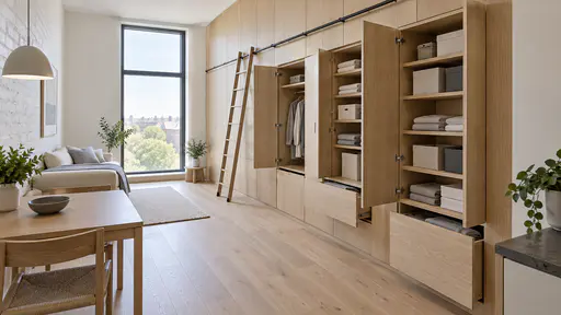 A full-height pale oak storage wall along the long side of a compact flat has several doors open to show fitted shelves of plain folded linens and cream and grey storage boxes, a slim ladder rail beside it and a clear floor in even daylight.