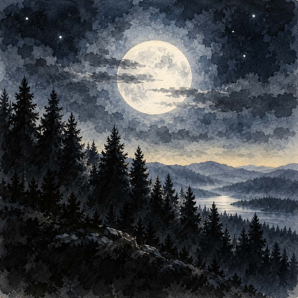 The full Moon rises as a pale paper-white disc with a soft halo and thin cloud streaks above a hillside line of dark pines in ink dabs.