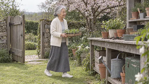 A very small elderly woman with a silver-white bun in a cream cardigan holds a flat wooden tray of small green seedlings in both hands at a potting bench beside a watering can in a garden in soft mid-morning light.
