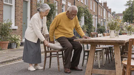A tall elderly man with white hair and a white moustache lowers himself onto a borrowed kitchen chair while a very small elderly woman with a silver bun plumps a cushion on the seat at a long street table.