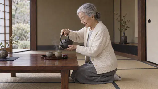 A very small elderly woman with a silver bun in a cream cardigan kneels at a low wooden table pouring a thin stream of green tea from a small cast-iron teapot into one of two small cups on a lacquer tray with steam curling up in soft morning light.