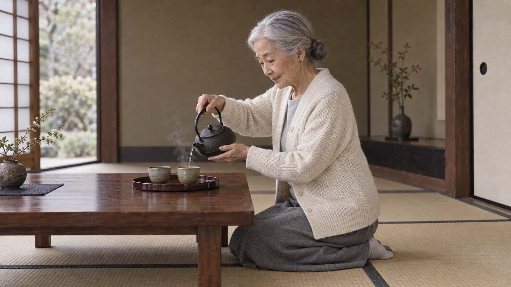 A very small elderly woman with a silver bun in a cream cardigan kneels at a low wooden table pouring a thin stream of green tea from a small cast-iron teapot into one of two small cups on a lacquer tray with steam curling up in soft morning light.