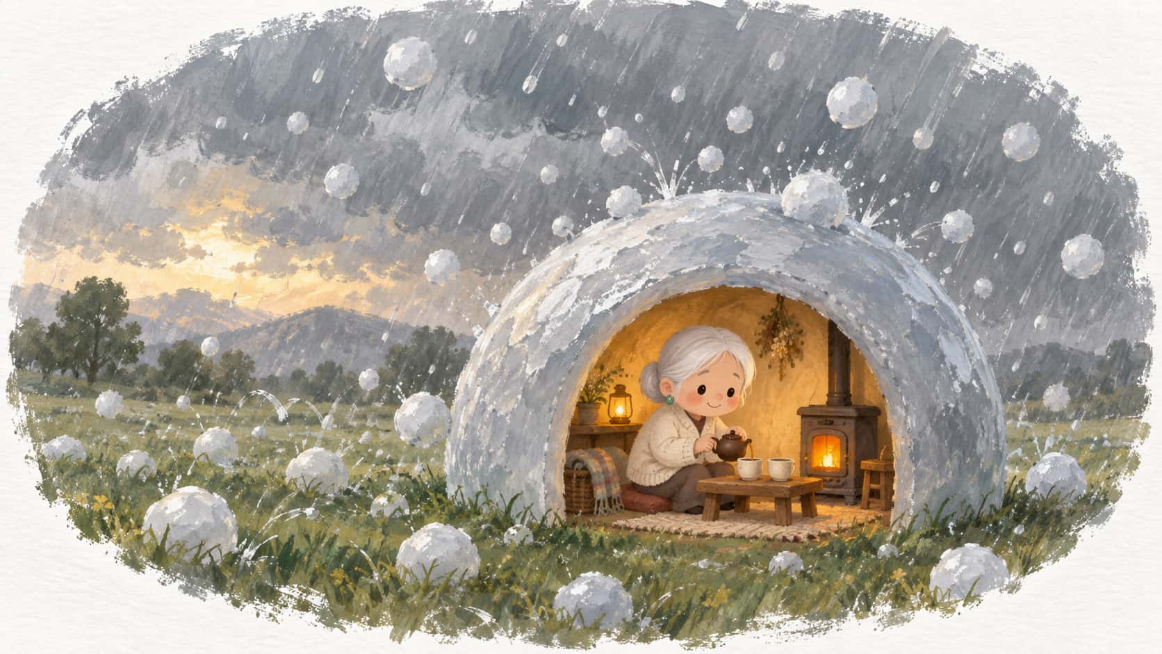 A very small elderly woman with silver-white hair in a low bun and a cream cardigan pours tea into two cups by a tiny glowing stove inside the round doorway of a snug shelter built from half of an enormous smooth hailstone on a green field as hail bounces off its curved roof.