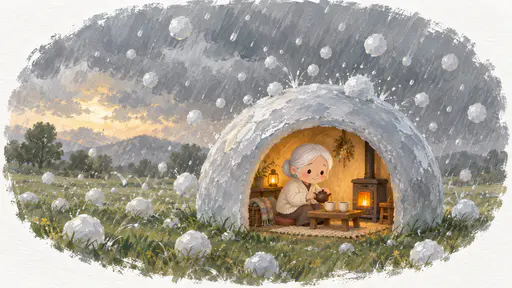 A very small elderly woman with silver-white hair in a low bun and a cream cardigan pours tea into two cups by a tiny glowing stove inside the round doorway of a snug shelter built from half of an enormous smooth hailstone on a green field as hail bounces off its curved roof.