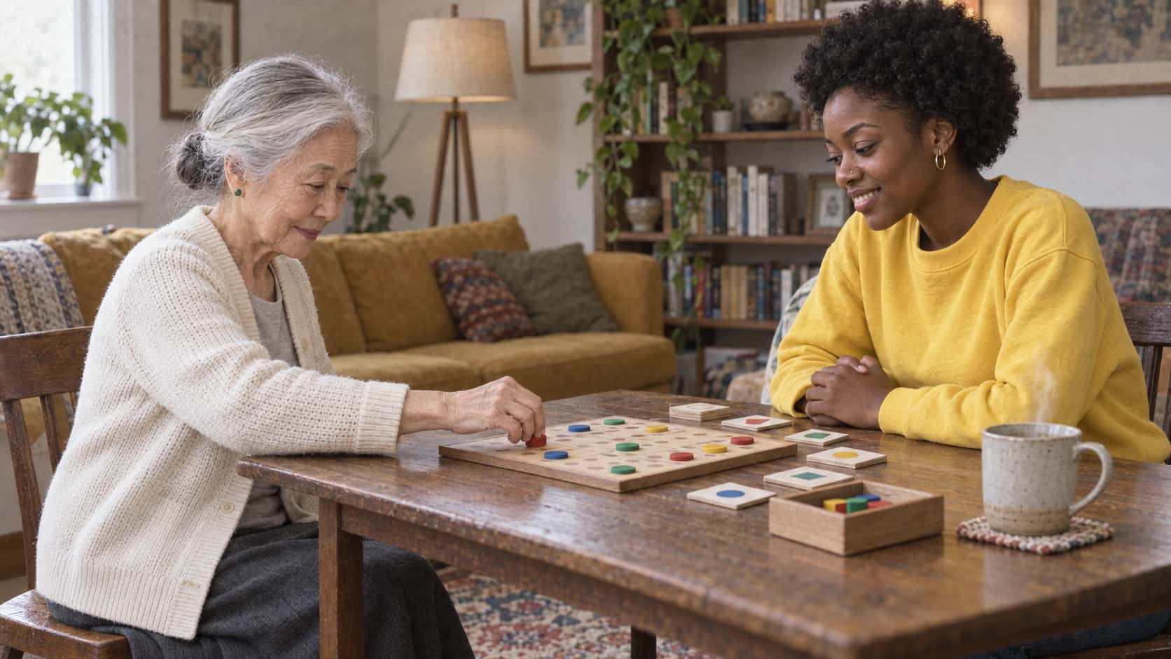 A very small elderly woman with a silver-white bun in a cream cardigan slowly moves a coloured counter forward on a board while a young woman with a natural afro in a yellow sweatshirt waits her turn with folded hands and an encouraging smile.