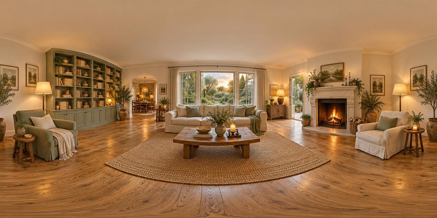 A full 360 degree equirectangular panorama from the centre of a cozy furnished living room with a sofa, armchairs, a rug, a fireplace, bookshelves and a large window with a garden view.