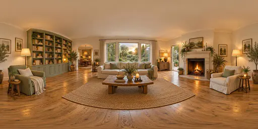 A full 360 degree equirectangular panorama from the centre of a cozy furnished living room with a sofa, armchairs, a rug, a fireplace, bookshelves and a large window with a garden view.