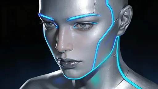A sleek close-up digital portrait of a smooth silver face lit by icy-blue and turquoise contour lines against a deep navy backdrop, cool and futuristic.