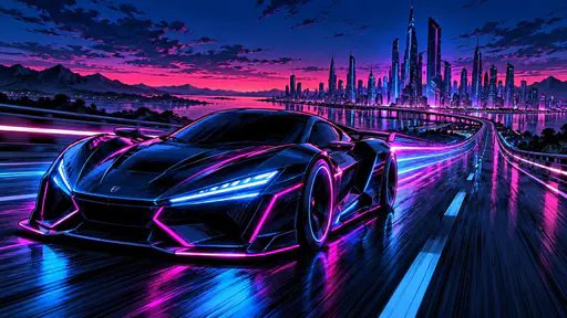 A futuristic sports car with glowing light strips races down an empty highway at dusk with long light streaks behind it and a distant city skyline.