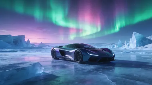 Wide 16:9 cinematic shot of a futuristic supercar on an icy tundra, vast frozen horizon to the frame edge and glowing northern lights overhead, minimal foreground clutter and ultra-realistic color grading.