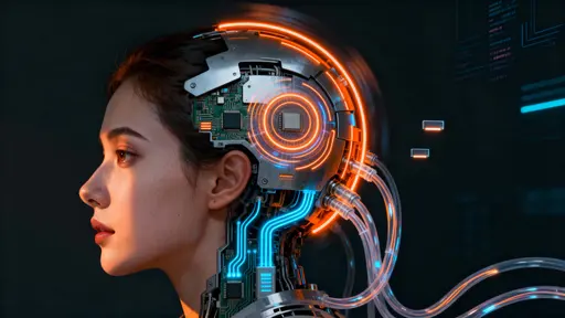 Digital side-profile portrait of a woman seamlessly merging into mechanical circuitry, glowing orange and electric-blue highlights, cinematic and high-tech mood.