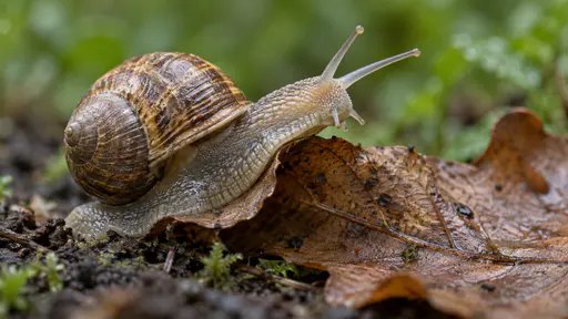 A brown-shelled garden snail with extended tentacles climbs over the curled rim of a fallen oak leaf on damp soil, its whole body in side view with a shallow focus plane and a soft green background in gentle overcast light.