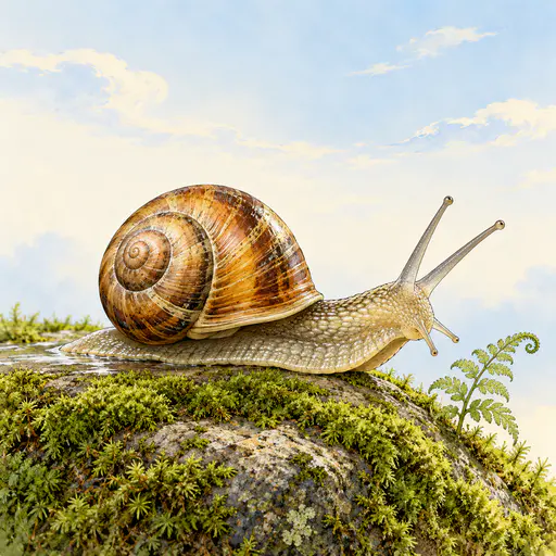 A garden snail with a spiral amber shell glides over a mossy stone with extended eye stalks and a glossy slime trail beside a curling fern frond in a refined fine line illustration.