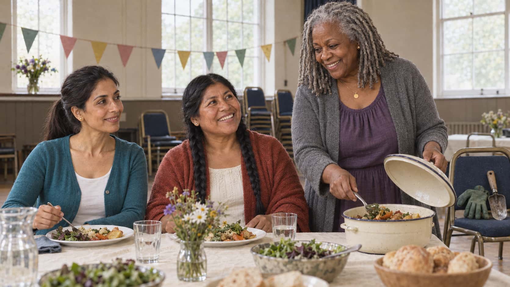 A woman with a ponytail in a teal cardigan and a woman with two braids in a terracotta shawl sit side by side at a long table while a woman with silver locs in a purple dress serves them from a covered dish in soft window light.
