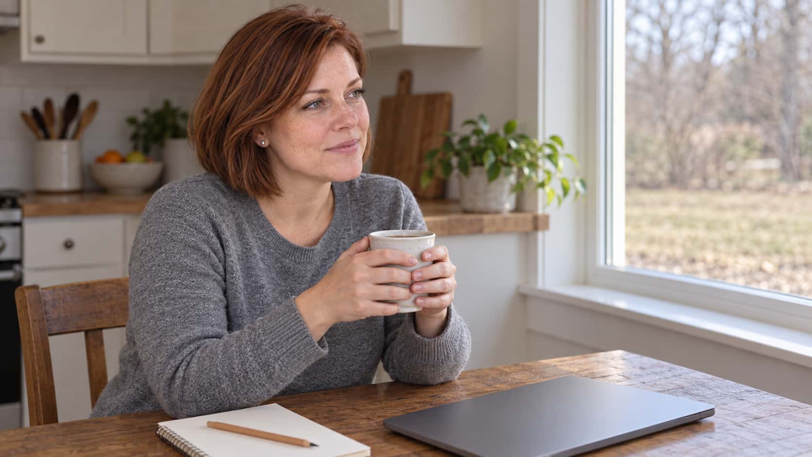 A woman with auburn bob in a heather-grey sweater sits at a kitchen table by a window looking out at a bare patch of lawn with a closed plain laptop, a mug of tea, a blank notepad and a pencil in front of her in soft morning light.