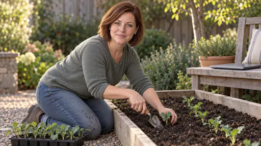 A woman with auburn bob in a heather-grey sweater kneels at a finished garden bed planting a row of small seedlings from a plain tray with a hand trowel, a closed laptop on a bench at the edge of the frame in soft late light.