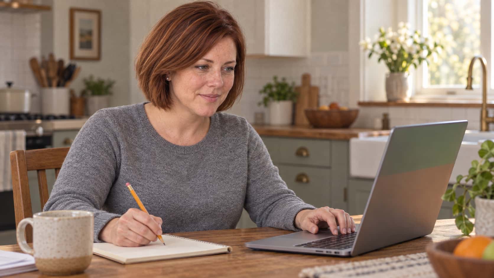 A woman with auburn bob in a heather-grey sweater sits at a kitchen table with an open laptop angled toward her, its screen edge glowing faintly, one hand on the trackpad and the other holding a pencil over a notepad.