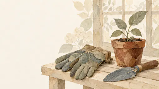 A pair of worn gardening gloves lies beside a small seedling in a terracotta pot on a pale wooden bench with a trowel, all assembled from pressed leaves and petals.