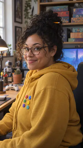 A woman in her early thirties with round tortoiseshell glasses, a loose curly bun with a pencil through it and a mustard-yellow hoodie with a row of small enamel pins, at a desk with board games, a small robot and a monitor glowing behind her.